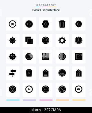 Creative Basic 25 Glyph Solid Black Symbolpaket wie ux. Standort. Einstellungen. Unverzichtbar. Müll Stock Vektor