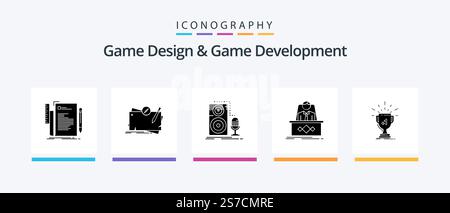 Spieldesign und Spielentwicklung Glyph 5 Icon Pack mit Legende. Spiel. Suche. Klang. Mikrofon. Kreatives Symboldesign Stock Vektor