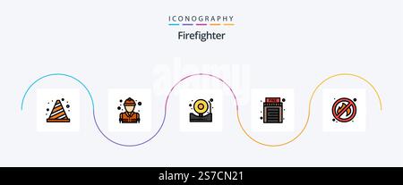 Firefighter Line Filled Flat 5 Icon Pack inkl. Nr. Haus. Feuerwehrmann. Nach Hause. Feuer Stock Vektor