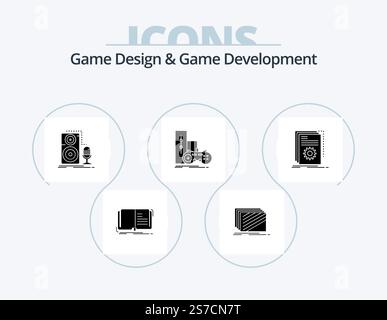 Spieldesign Und Spielentwicklung Glyphe Icon Pack 5 Icon Design. Joystick. Spiel. Textur. Klang. Mikrofon Stock Vektor