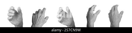 Die Hand einer älteren Frau streckt in einer Greifposition aus, die Finger sind gerollt, als ob sie etwas unsichtbares halten oder ergreifen würden, faltige Haut, ausdrucksstarker Körperlang Stockfoto