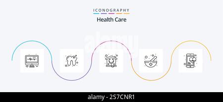 Health Care Line 5 Icon Pack mit medizinischem Zubehör. Apotheke. Nach Hause. Medikamentenschüssel. Mespital Stock Vektor