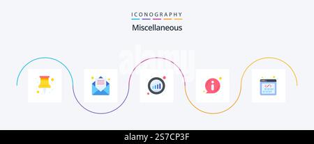 Miscellaneous Flat 5 Icon Pack einschließlich Entwicklung. analysen. Informationen. Ungefähr Stock Vektor