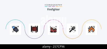 Firefighter Line Filled Flat 5 Icon Pack Mit . Feuer! Auto. Gefahr. feuerwehrmann Stock Vektor