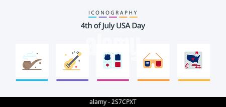 USA Flat 5 Icon Pack inklusive Karte. amerikaner. Schild. usa. Eine Brille. Kreatives Symboldesign Stock Vektor