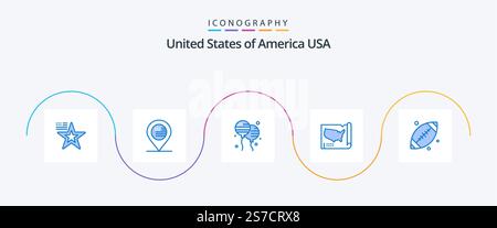 USA Blue 5 Icon Pack mit Fußball. usa. Blütenschlag. vereint. Karte Stock Vektor