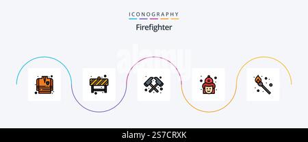 Firefighter Line Filled Flat 5 Icon Pack inklusive Streichholz. Camping. Feuer! hut. Feuerwehrmann Stock Vektor