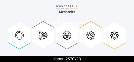 Mechanics 25 Line Symbolpaket mit . Rad. . Zahnrad Stock Vektor