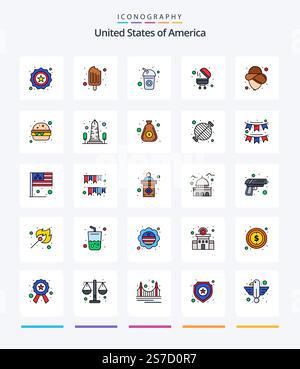 Mit Creative USA 25 Line gefülltes Symbolpaket wie Hut. usa. Flasche. Grill. Barbecue Stock Vektor