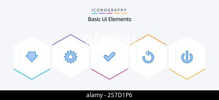 Grundlegende UI-Elemente 25 Blaues Symbolpaket einschließlich Stromversorgung. Aus. Häkchen. Klicken. Drehen Stock Vektor