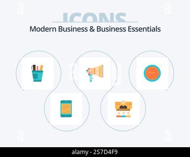 Modernes Business Und Business Essentials Flat Icon Pack 5 Icon Design. Versorgung. Organisator. Ruf an. Büro. Stift Stock Vektor