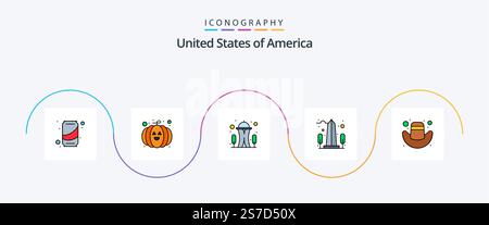 USA Line Filled Flat 5 Icon Pack mit Kappe. washington. Orientierungspunkt. usa. Denkmal Stock Vektor