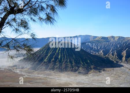 Blick auf die rauchenden Krater und die malerische Schönheit des Bromo-Vulkankalders in Ost-Java, Indonesien Stockfoto
