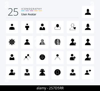 User 25 Solid Glyph Symbolpaket mit Profil. Zahnrad. Liebe. Benutzer. Stock Vektor