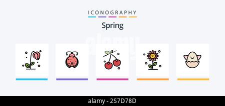 Spring Line Filled 5 Icon Pack Mit . Essen. Rose. Kirsche. Frühlingsblume. Kreatives Symboldesign Stock Vektor