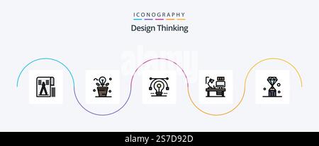 Design Thinking Line Filled Flat 5 Icon Pack mit Lampe. Tisch. Licht. Zeichnen. Lösung Stock Vektor