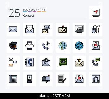 Kontakt 25 Zeile gefüllt Symbolpaket einschließlich Anruf. Sieb. Umschlag. Online. Desktop Stock Vektor
