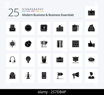Modernes Business und Business Essentials 25 Solid Glyph Icon Pack inklusive Telefon. Kontakte. Büro. Kontakt. Buch Stock Vektor