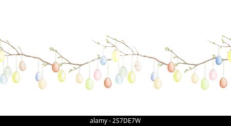 Ostereier an Fäden, die an einem Zweig hängen. Nahtloser horizontaler Rahmen. Digitale Illustration mit Aquarell. Frühlingszweige mit grünen Knospen, isoliert Stockfoto