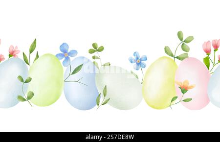 Ostereier und Frühlingsblumen mit Blättern, nahtloser horizontaler Rand. Digitale Illustration mit Aquarell. Festliche Girlande, isoliert auf weißem Hintergrund Stockfoto