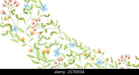 Zarte Frühlingsblumen auf einer Weihnachtskarte. Digitale Illustration mit Aquarell. Süßes Ostermuster, Blumen, Knospen und Blätter, isoliert auf einem weißen Hintergras Stockfoto