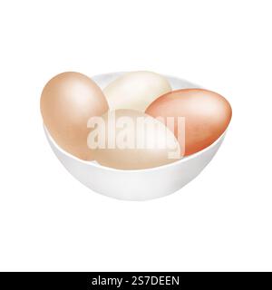 Hühnereier liegen in einer Porzellanschale. Digitale Illustration mit Aquarell. Weiße Glasschale mit Eiern isoliert auf weißem Hintergrund. Küche, Kochen und Ba Stockfoto