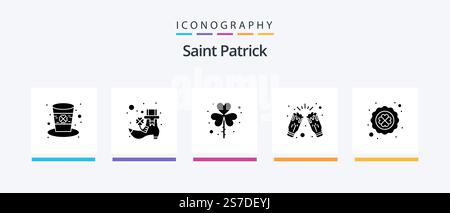 St. Patrick Glyph 5 Icon Pack mit Klee. Party. Blatt. Trinken Sie. Feiern. Kreatives Symboldesign Stock Vektor