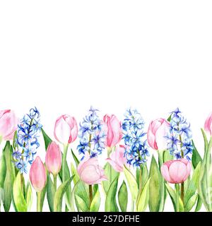 Nahtloser Rand. Aquarellkomposition von rosa Tulpen und blauen Hyazinthen auf weißem Hintergrund. Helles und zartes Federdesign für Karten, Verpackungen, Textilien und Dekor Stockfoto