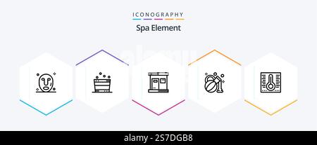 Spa Element 25 Line Symbolpaket mit . Temperatur. Sauna. Quecksilber. Öl Stock Vektor