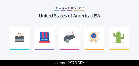 USA Flat 5 Icon Pack inklusive usa. Eine Medaille. Eine große Waffe. Unabhängigkeitstag. Feiertage. Kreatives Symboldesign Stock Vektor