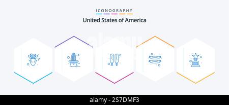 USA 25 Blue Icon Pack mit . Trophäe. Hotdog. Auszeichnung. Würstchen Stock Vektor