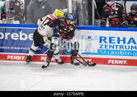 Joshua Samanski (Straubing Tigers) an der Bande mit Carter Rowney (Löwen Loewen Frankfurt), Eishockey Herren, Deutsche Eishockey Liga, Penny DEL, 38.Spieltag, Saison 2024 2025 am 19.01.2025 im Eisstadion am Pulverturm, Straubing Tigers (schwarz) gegen Löwen Loewen Frankfurt (weiß) Stockfoto