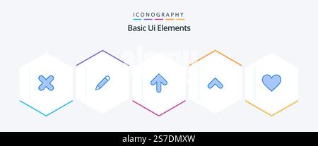 Grundlegende UI-Elemente 25 Blaues Symbolpaket einschließlich Heart. unterschreiben Sie. Pfeil. Nach oben. Pfeil Stock Vektor