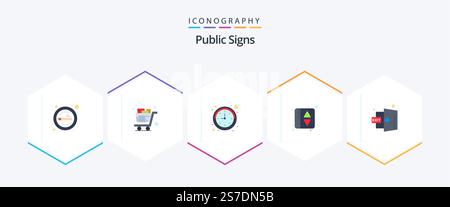 Öffentliche Hinweisschilder 25 flache Symbolpackung mit Tür. Elevatoranzeige. Einkaufen. Fahrstuhltür. Sehen Sie Stock Vektor