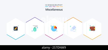 Verschiedene 25 flache Icons mit Tasche. ausbauwerkzeug. Diagramm. Gummi. Alles klar Stock Vektor