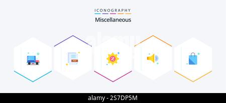 Verschiedene 25 flache Icon-Pakete mit Shop. Rabatt. Klang. Lautsprecher Stock Vektor