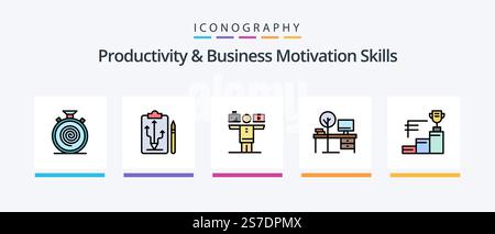 Fertigkeiten für Produktivität und Motivation mit Line-filled-5-Symbolpaket inklusive Arbeit. Das Leben. Recycling. Balance. Multitasking. Kreatives Symboldesign Stock Vektor