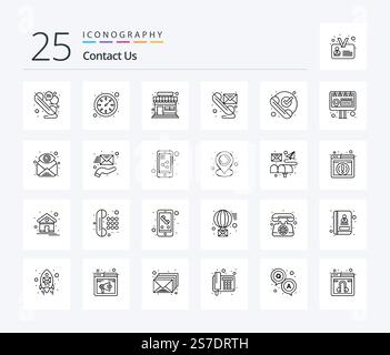 Kontaktieren Sie uns 25 Zeile Symbolpaket einschließlich OK. Ruf an. Einkaufen. Telefon. Telefon Stock Vektor