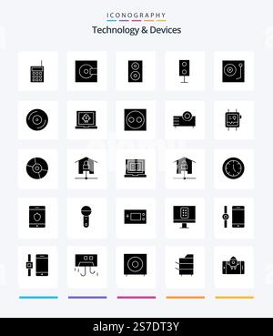 Creative Devices 25 Glyph Solid Black Icon Pack wie Musik. Geräte. Produkte. Technologie. Produkte Stock Vektor