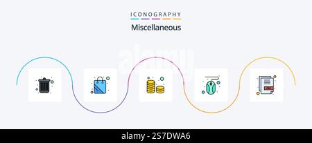 Sonstige gefüllte Linien Flat 5 Symbolpaket einschließlich PDF. Bargeld. Maus. Klicken Sie auf Stock Vektor