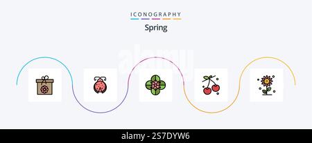 Spring Line Filled Flat 5 Icon Pack mit Blumendesign. Frühling. Anemone. Essen. Beere Stock Vektor