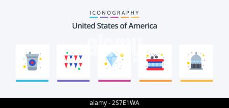 Usa Flat 5 Icon Pack Mit . usa. Fliegen. das statehouse. indiana. Kreatives Symboldesign Stock Vektor