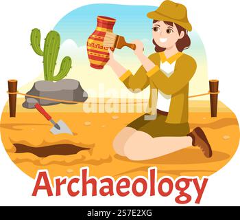 Archäologische Illustration mit archäologischen Ausgrabungen antiker Ruinen, Artefakte und Dinosaurierfossil in handgezeichneten Flat Cartoon-Vorlagen Stock Vektor