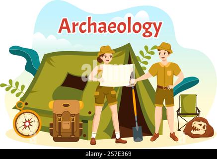 Archäologische Illustration mit archäologischen Ausgrabungen antiker Ruinen, Artefakte und Dinosaurierfossil in handgezeichneten Flat Cartoon-Vorlagen Stock Vektor