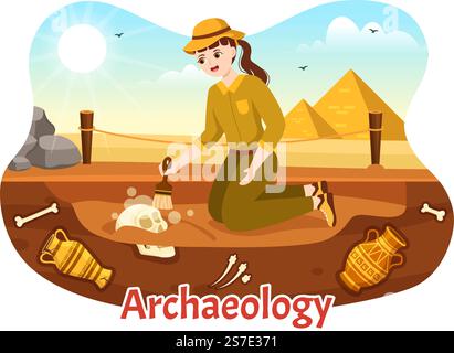 Archäologische Illustration mit archäologischen Ausgrabungen antiker Ruinen, Artefakte und Dinosaurierfossil in handgezeichneten Flat Cartoon-Vorlagen Stock Vektor