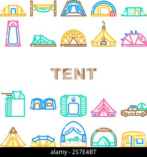 Zelt Ausrüstung Tourismus Symbole setzen Vektor. Objektreisen, Aktivität im Freien, Sommerurlaub, Camp-Abenteuer, Unterkunft Touristenzelt Ausrüstung Tourismus Farblinie Illustrationen. Zelt Ausrüstung Tourismus Symbole setzen Vektor Stock Vektor