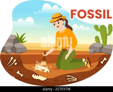 Fossil Illustration mit Archäologen findet Dinosaurier-Skelette auf Ausgrabungen oder beim Ausheben von Bodenschichten in Flat Cartoon Hand Drawn Templates Stock Vektor