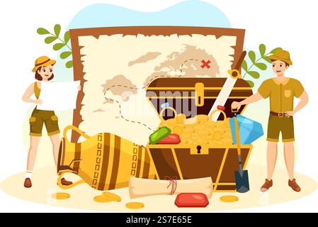Archäologische Illustration mit archäologischen Ausgrabungen antiker Ruinen, Artefakte und Dinosaurierfossil in handgezeichneten Flat Cartoon-Vorlagen Stock Vektor