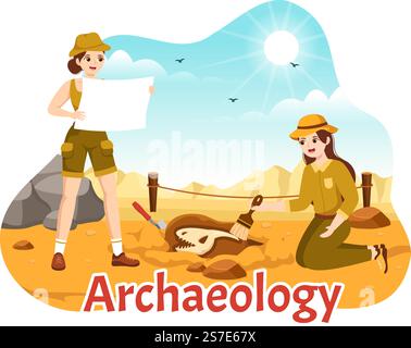 Archäologische Illustration mit archäologischen Ausgrabungen antiker Ruinen, Artefakte und Dinosaurierfossil in handgezeichneten Flat Cartoon-Vorlagen Stock Vektor