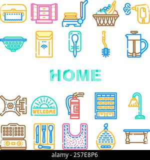 Home Interior House Design Symbole setzen Vektor. Ausstattung Zimmer, Dekor modern, Accessoires Lampe, Dekoration Gebäude Haus Innenraum Haus Design Farblinie Illustrationen. Home Interior House Design Symbole setzen Vektor Stock Vektor